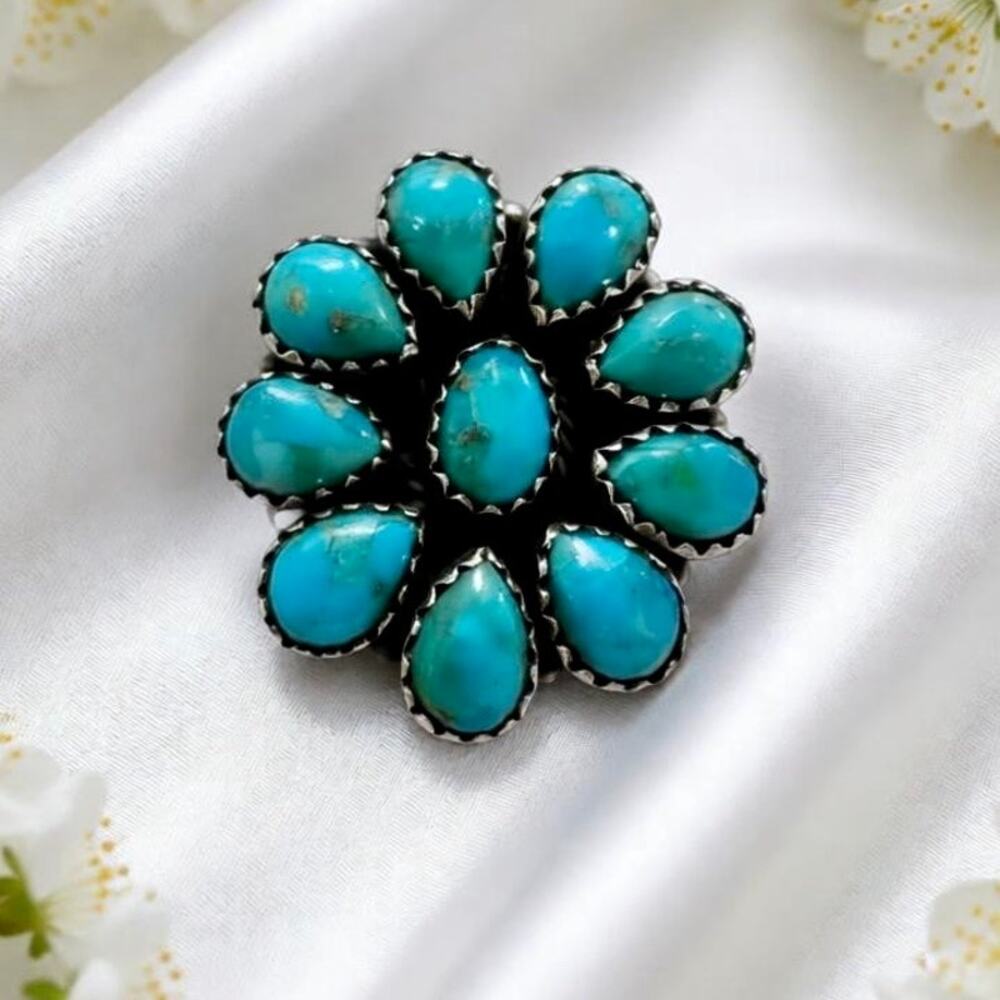 Kingman Turquoise Cluster Ring Sterling Silver 925 Oval Teardrop Sawtooth Size 7 - Picture 7 of 10